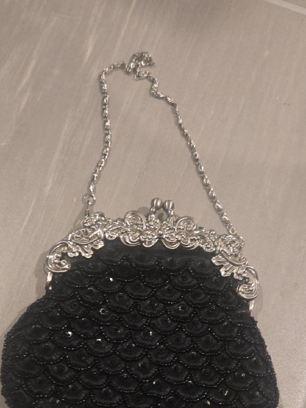 Black Beaded Evening Clutch with Ornate Silver Frame